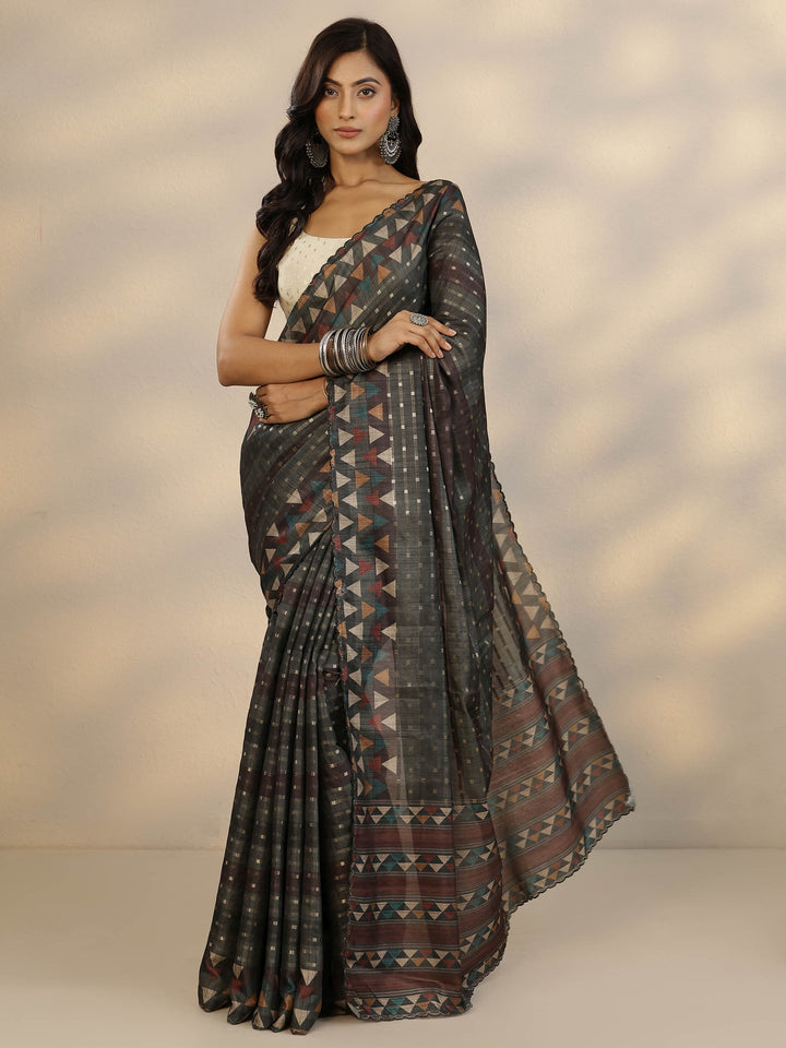 Grey Woven Design Silk Blend Saree With Unstitched Blouse Piece
