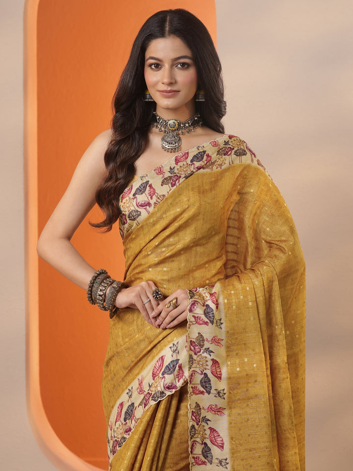 Mustard Woven Design Silk Blend Saree With Unstitched Blouse Piece