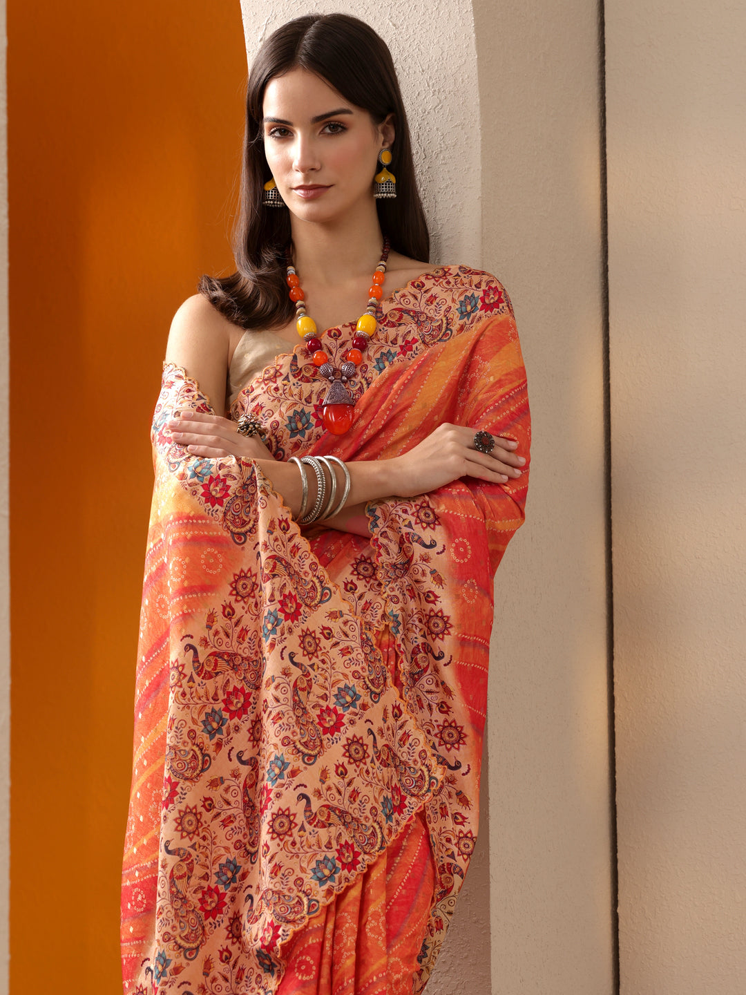 Orange Bandhani Woven Design Silk Blend Saree With Unstitched Blouse Piece