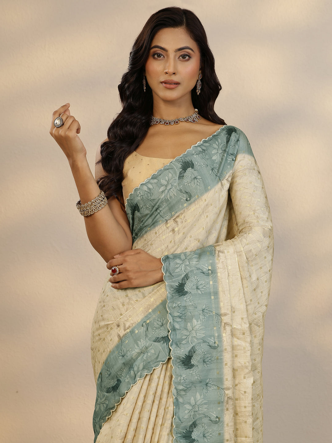 Cream Woven Design Silk Blend Saree With Unstitched Blouse Piece