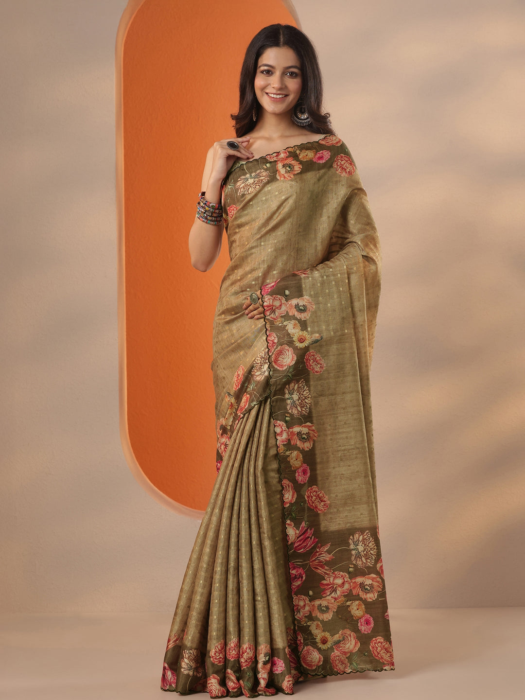 Beige Woven Design Silk Blend Saree With Unstitched Blouse Piece