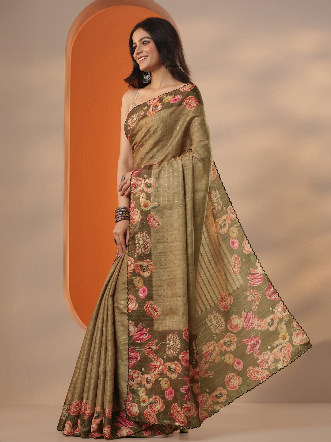 Beige Woven Design Silk Blend Saree With Unstitched Blouse Piece