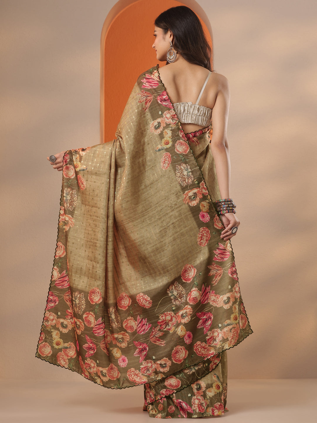 Beige Woven Design Silk Blend Saree With Unstitched Blouse Piece