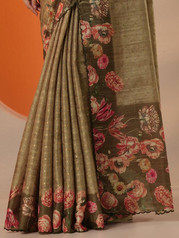 Beige Woven Design Silk Blend Saree With Unstitched Blouse Piece