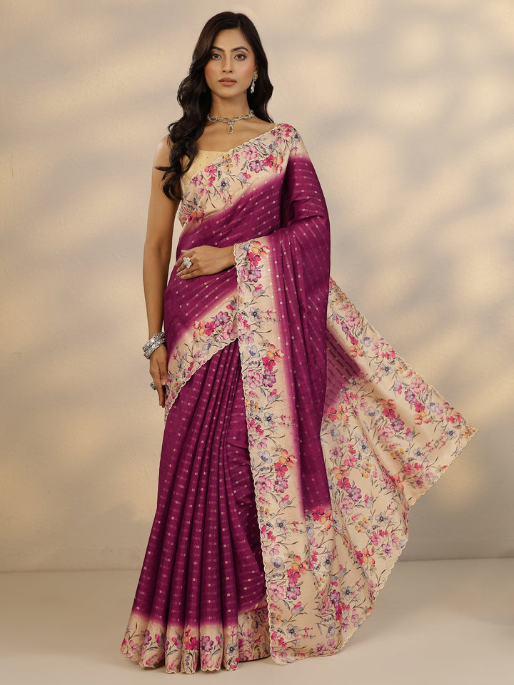 Burgundy Woven Design Silk Blend Saree With Unstitched Blouse Piece