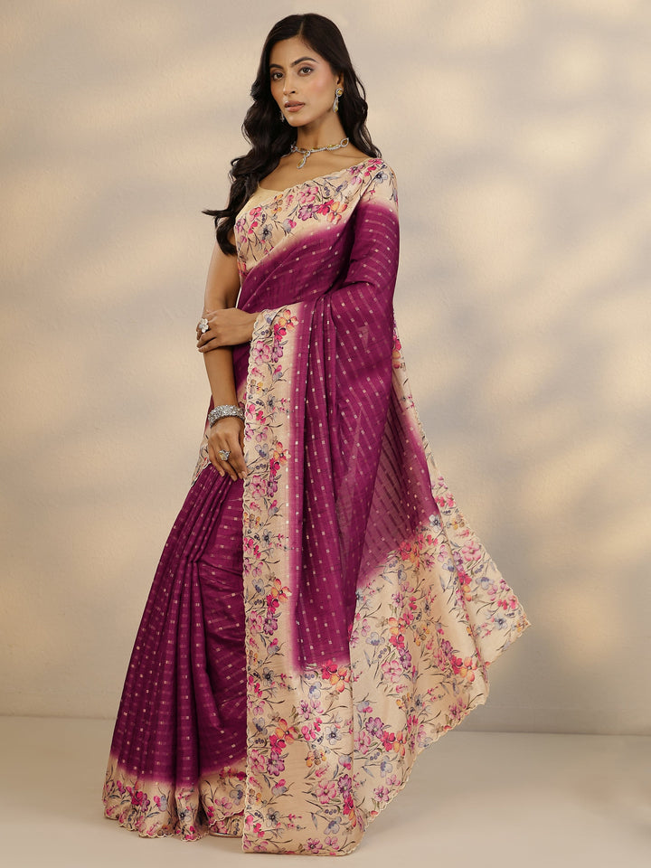 Burgundy Woven Design Silk Blend Saree With Unstitched Blouse Piece