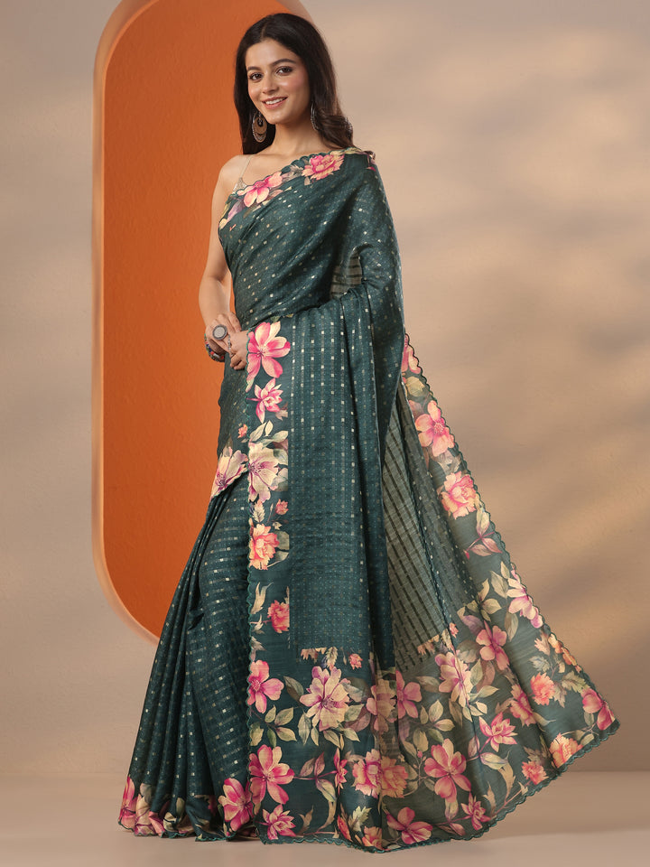 Green Woven Design Silk Blend Saree With Unstitched Blouse Piece