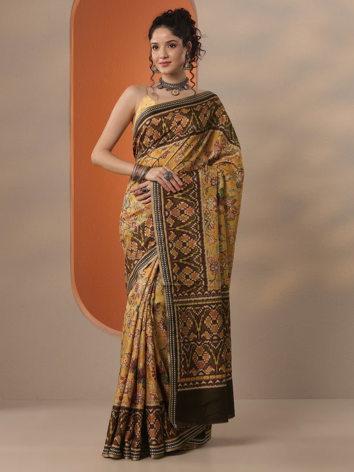 Mustard Printed Silk Blend Saree With Unstitched Blouse Piece