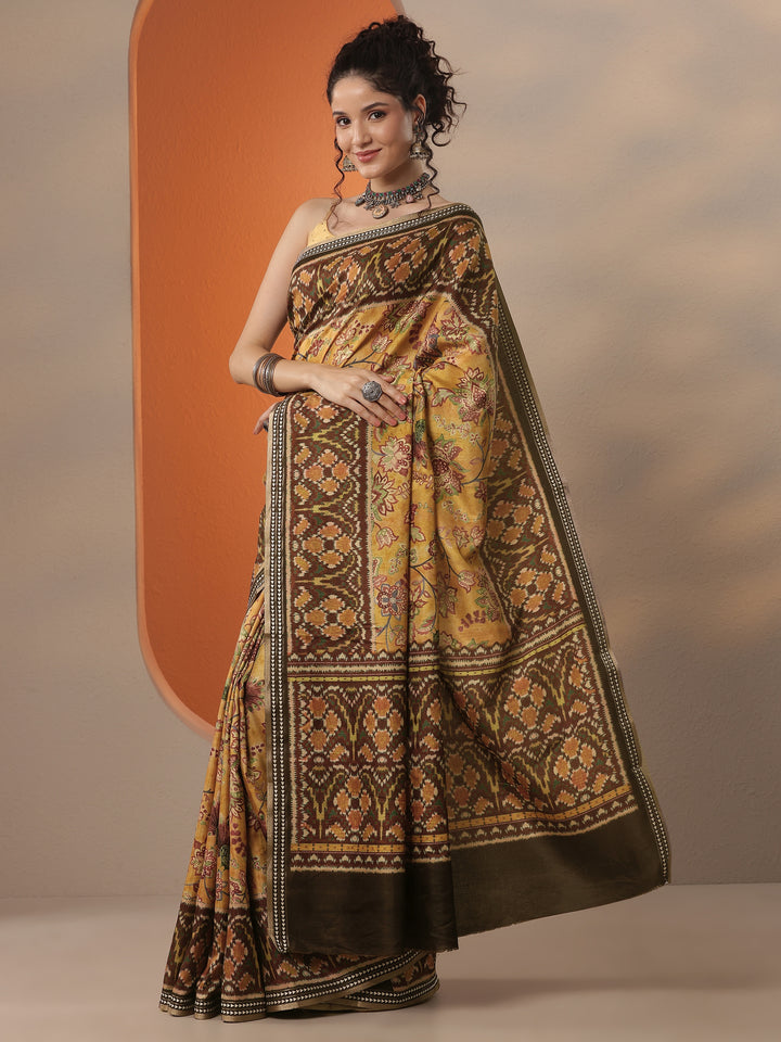 Mustard Printed Silk Blend Saree With Unstitched Blouse Piece