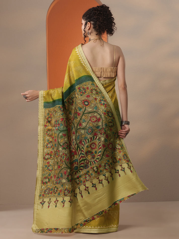 Green Bandhani Printed Silk Blend Saree With Unstitched Blouse Piece