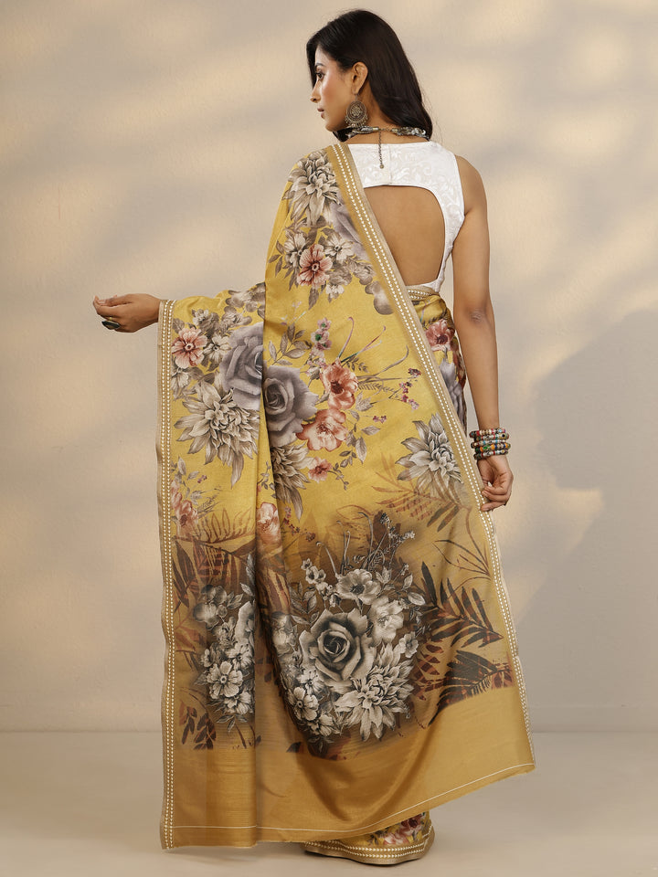 Mustard Printed Silk Blend Saree With Unstitched Blouse Piece