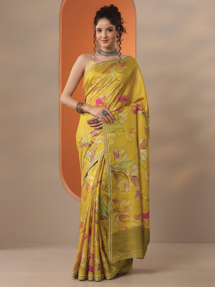 Mustard Printed Silk Blend Saree With Unstitched Blouse Piece