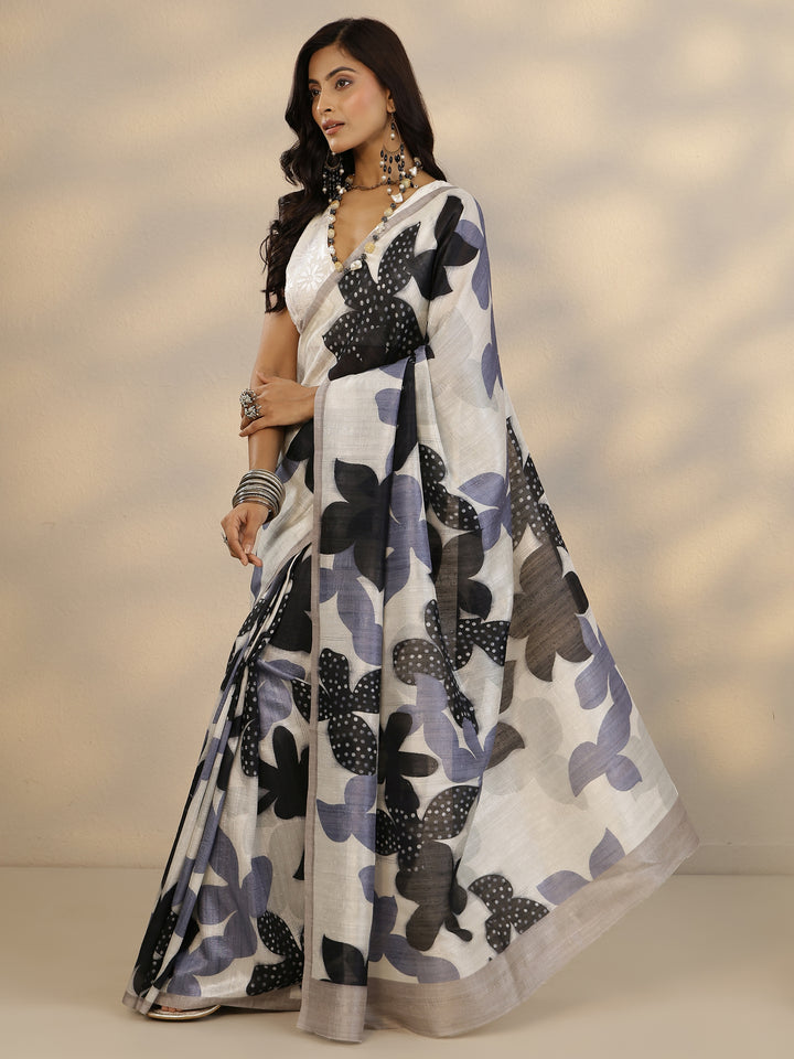 Grey Printed Silk Blend Saree With Unstitched Blouse Piece