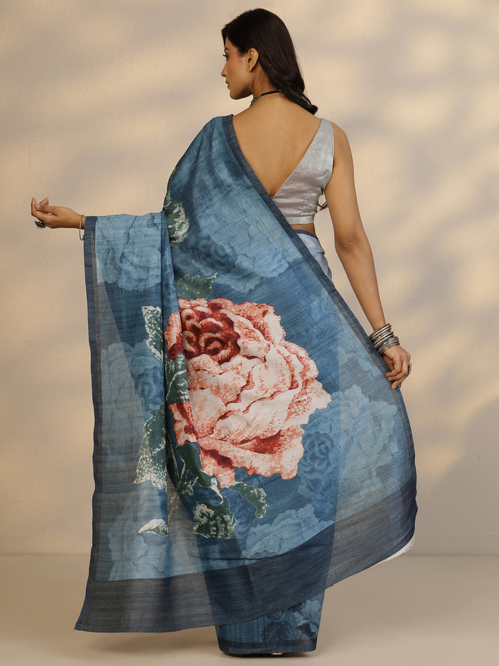 Blue Printed Silk Blend Saree With Unstitched Blouse Piece