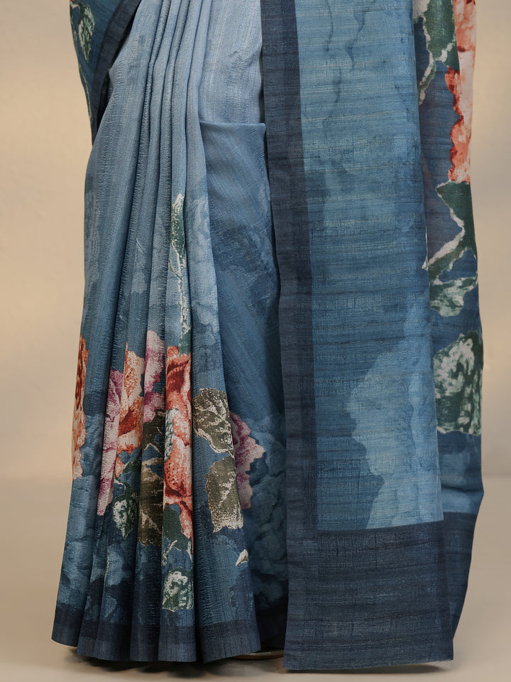 Blue Printed Silk Blend Saree With Unstitched Blouse Piece
