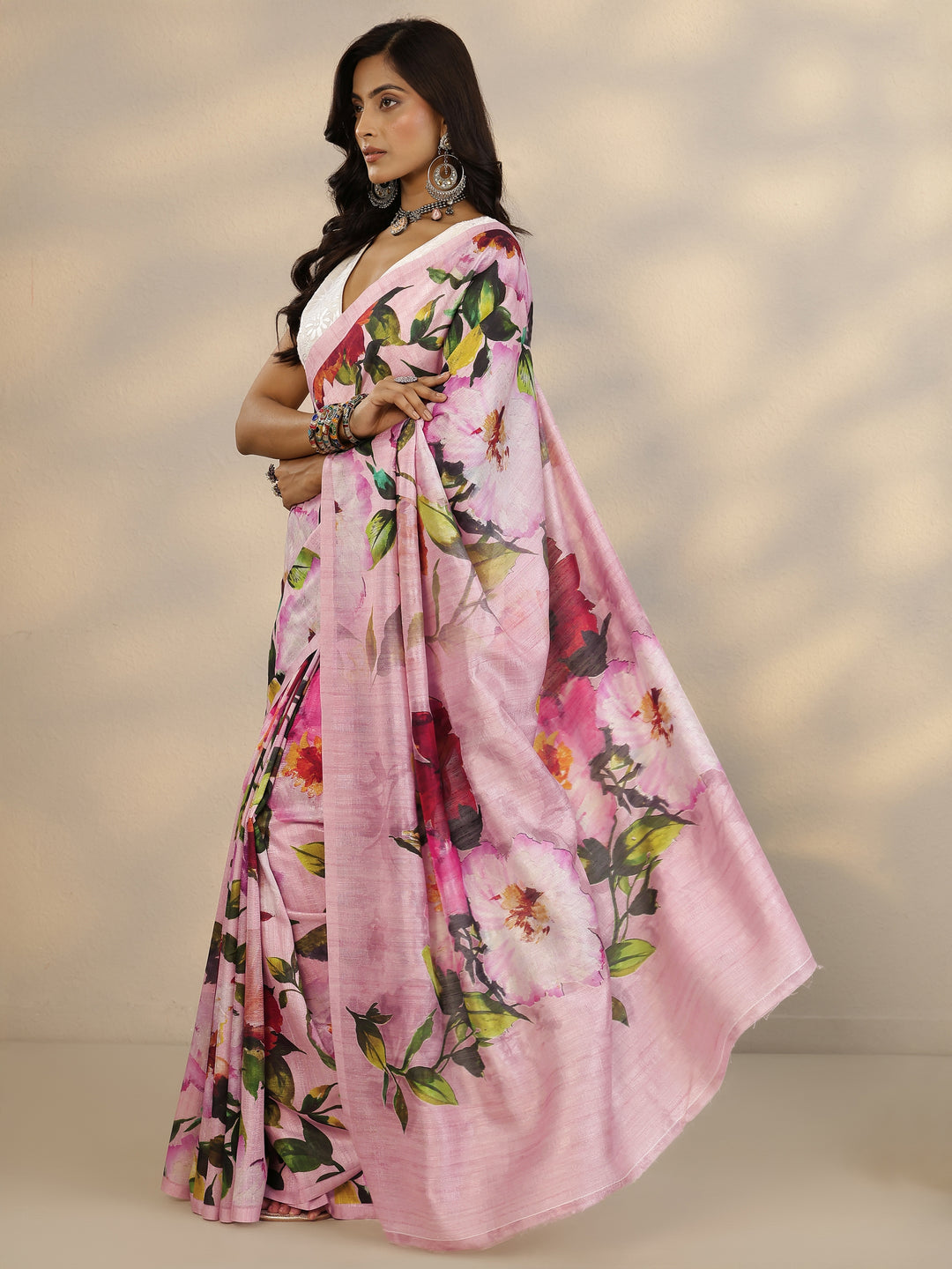 Pink Printed Silk Blend Saree With Unstitched Blouse Piece
