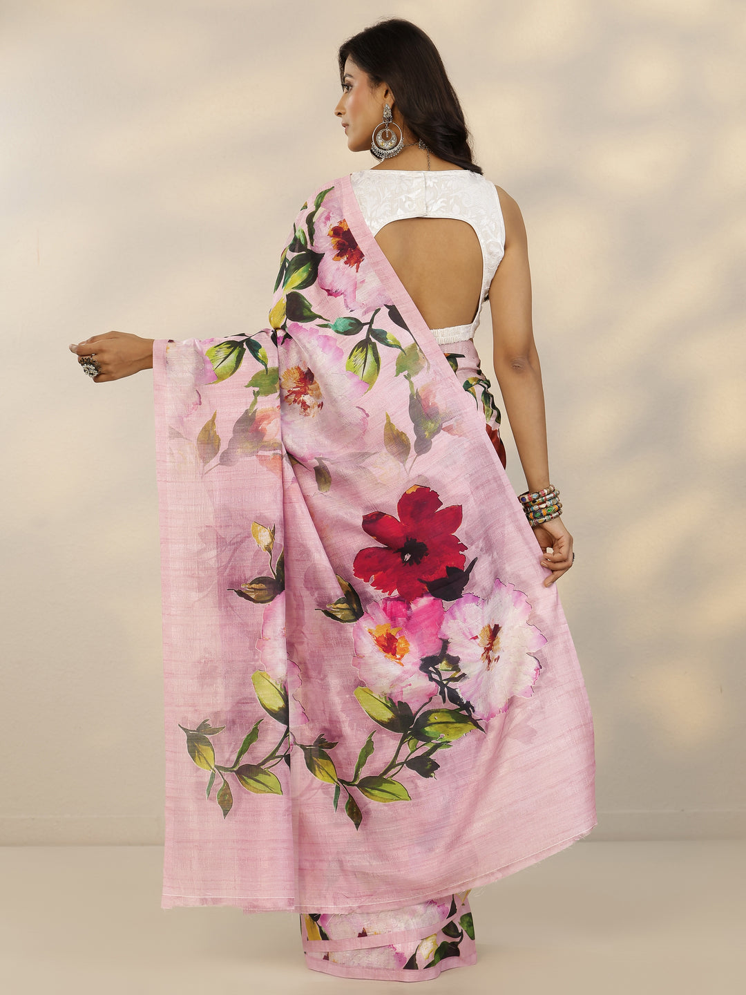 Pink Printed Silk Blend Saree With Unstitched Blouse Piece