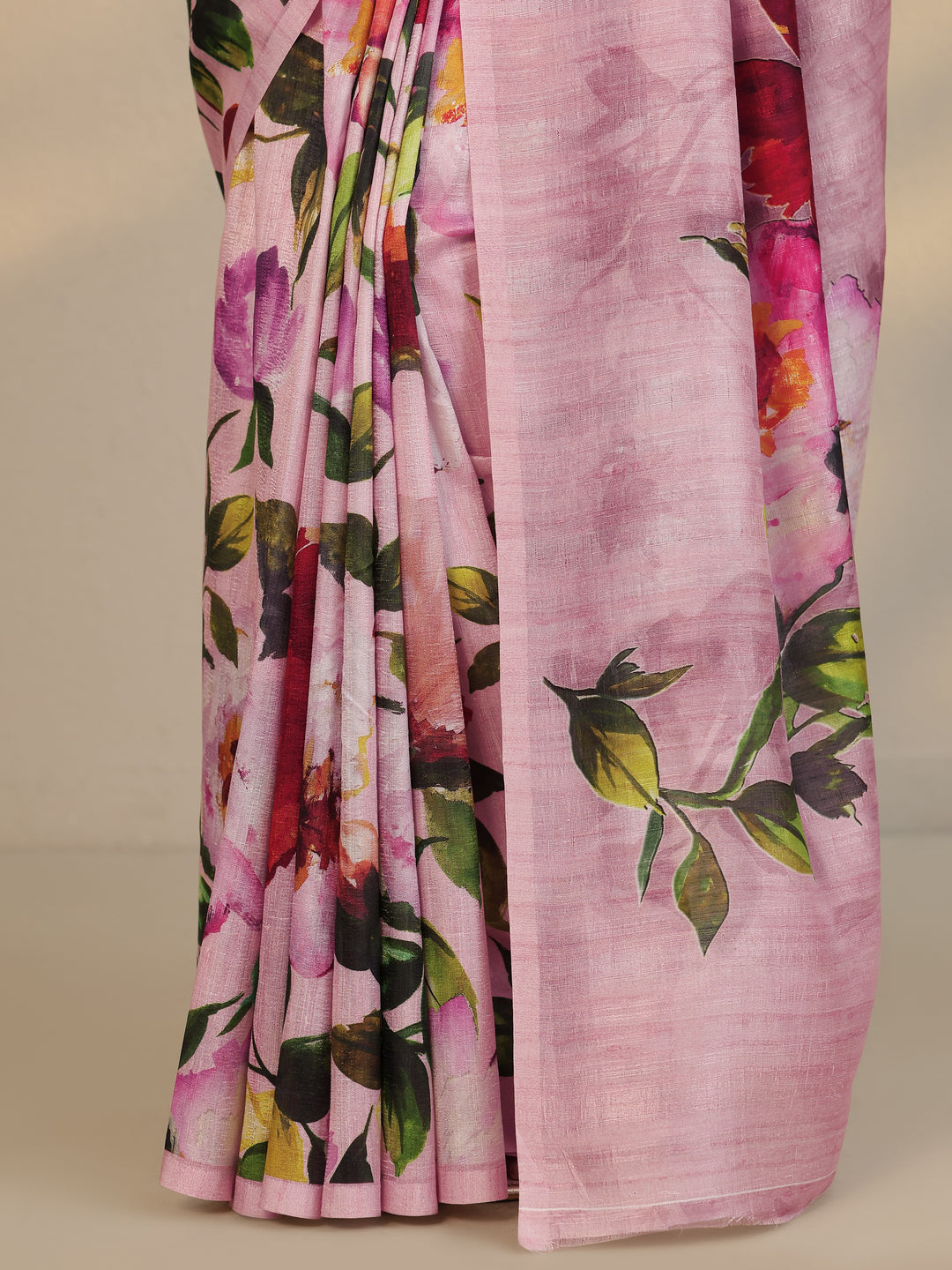 Pink Printed Silk Blend Saree With Unstitched Blouse Piece