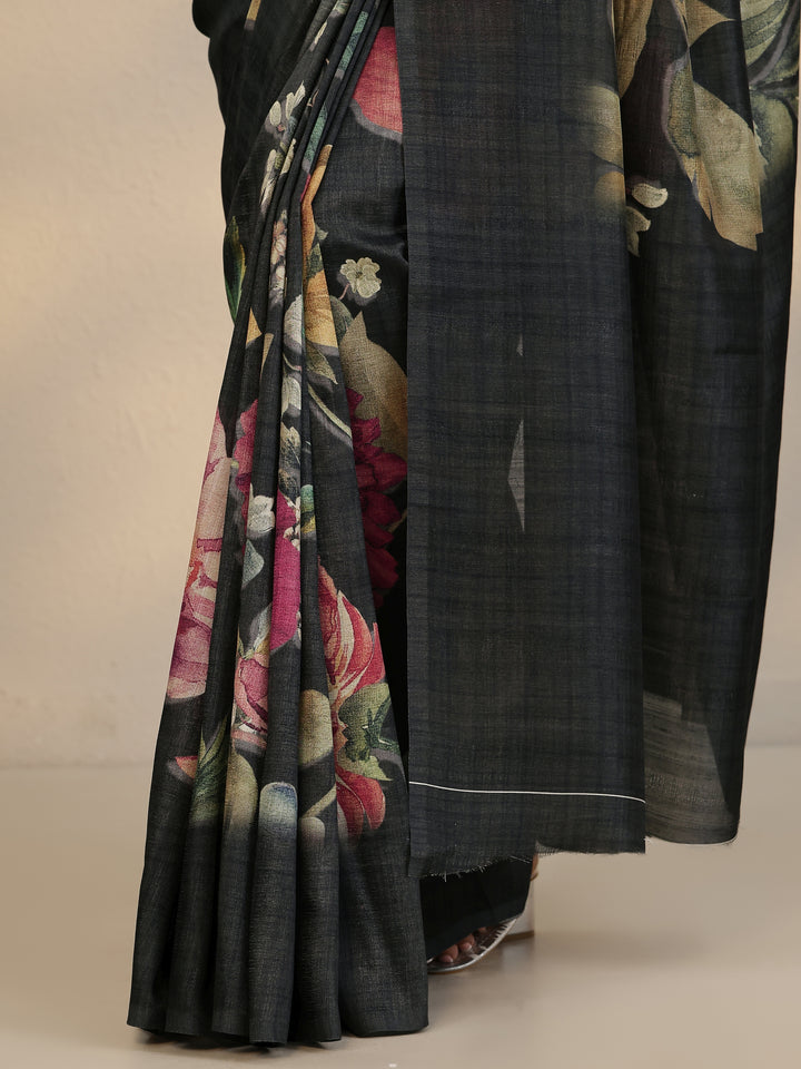Black Printed Silk Blend Saree With Unstitched Blouse Piece