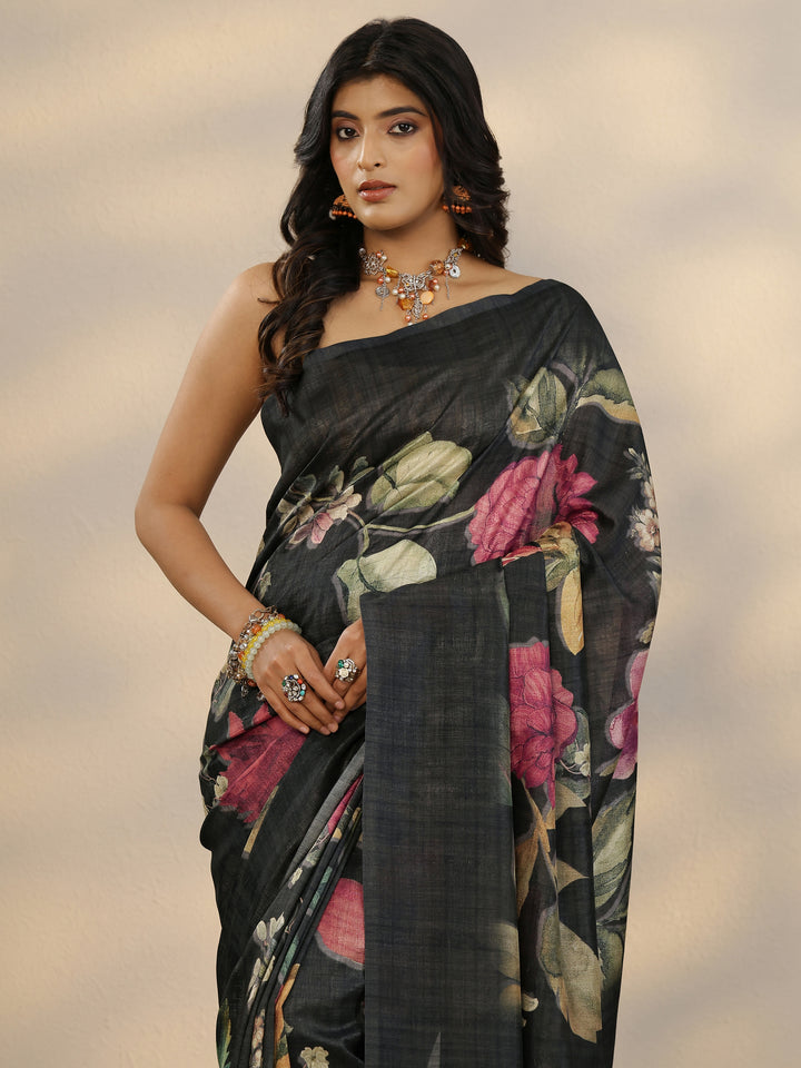 Black Printed Silk Blend Saree With Unstitched Blouse Piece