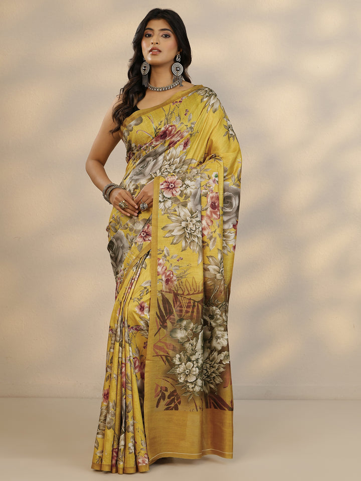 Yellow Printed Silk Blend Saree With Unstitched Blouse Piece