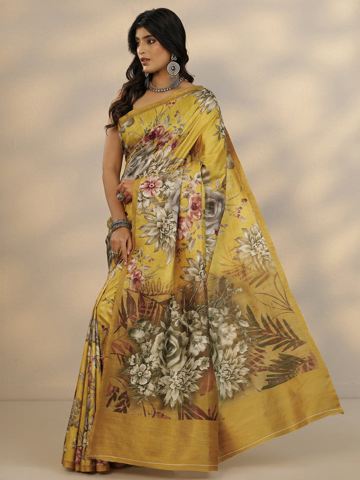 Yellow Printed Silk Blend Saree With Unstitched Blouse Piece