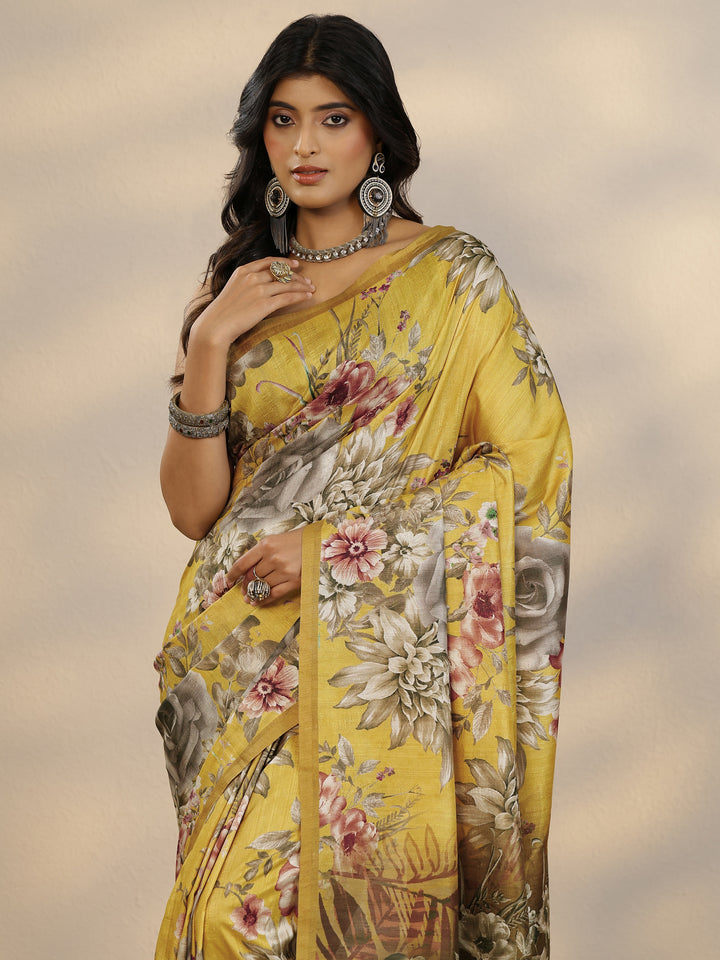 Yellow Printed Silk Blend Saree With Unstitched Blouse Piece