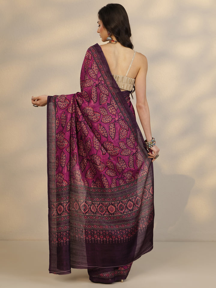 Burgundy Printed Silk Blend Saree With Unstitched Blouse Piece