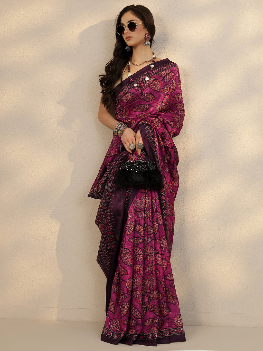 Burgundy Printed Silk Blend Saree With Unstitched Blouse Piece
