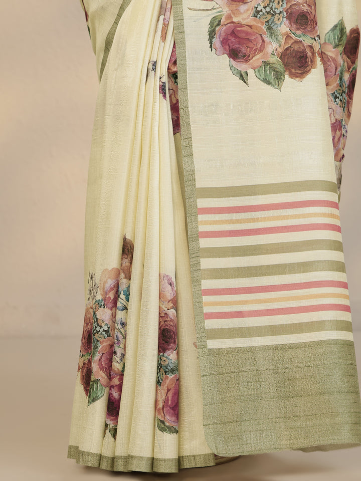 Cream Printed Silk Blend Saree With Unstitched Blouse Piece