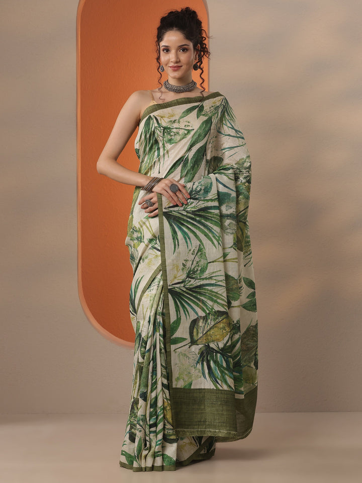 Beige Printed Silk Blend Saree With Unstitched Blouse Piece