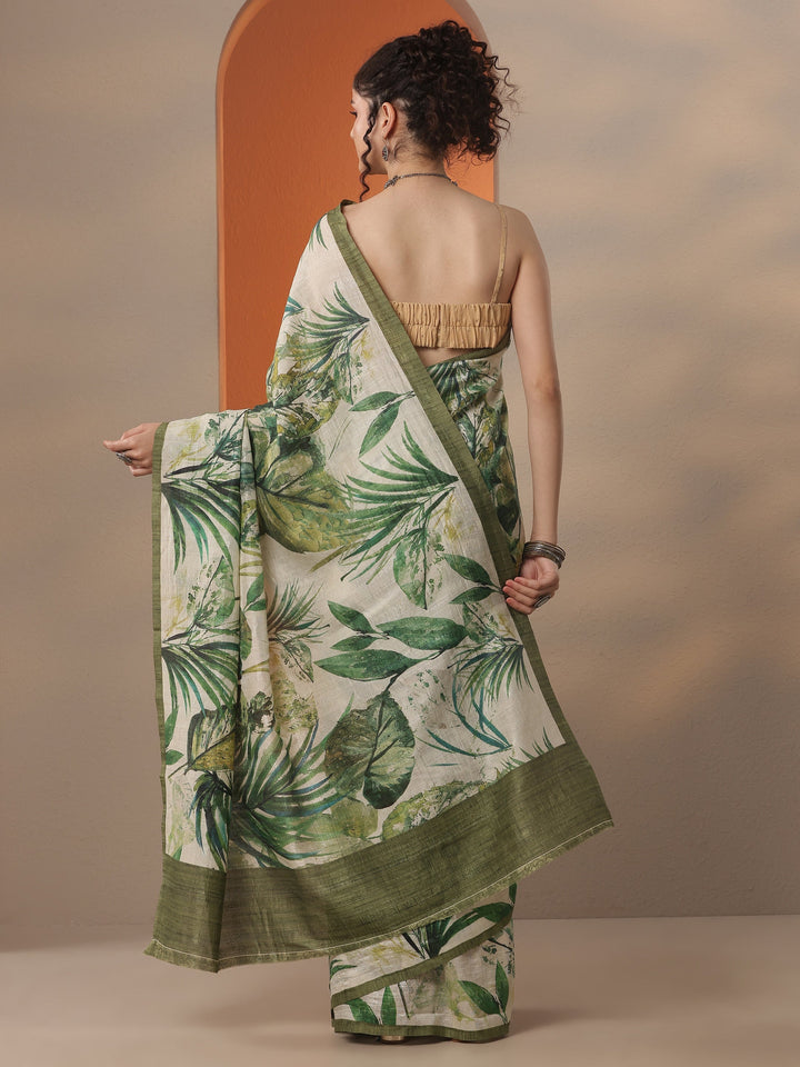 Beige Printed Silk Blend Saree With Unstitched Blouse Piece