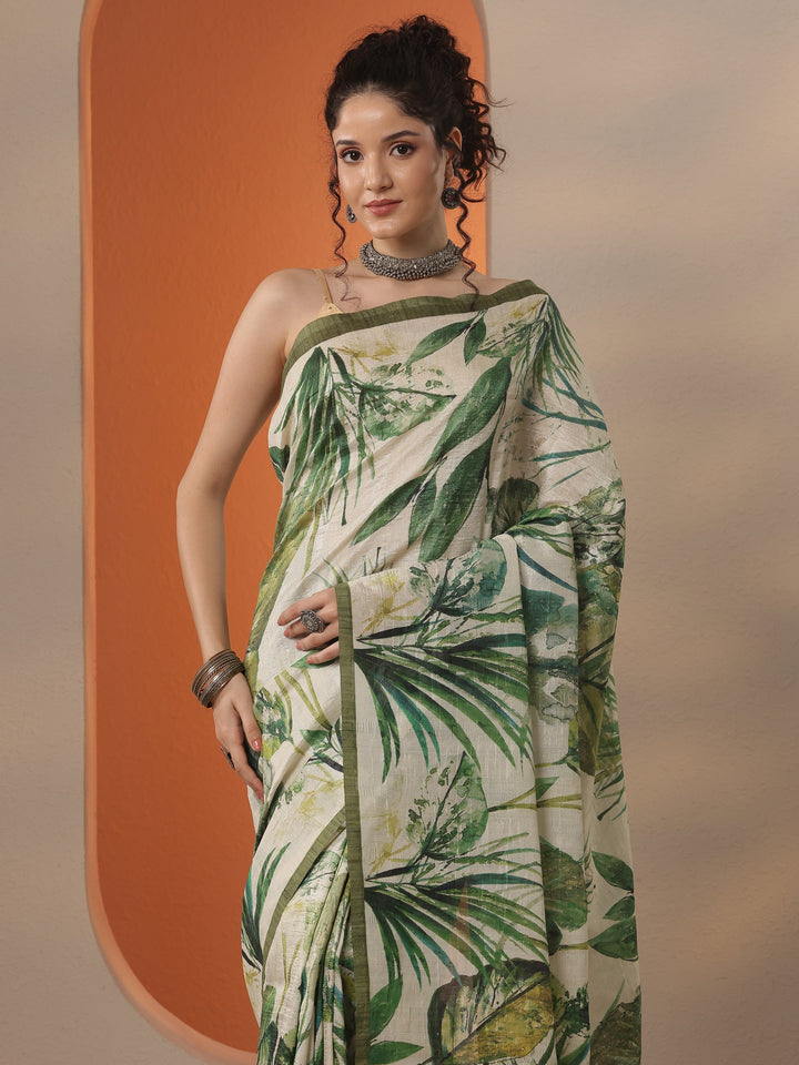 Beige Printed Silk Blend Saree With Unstitched Blouse Piece