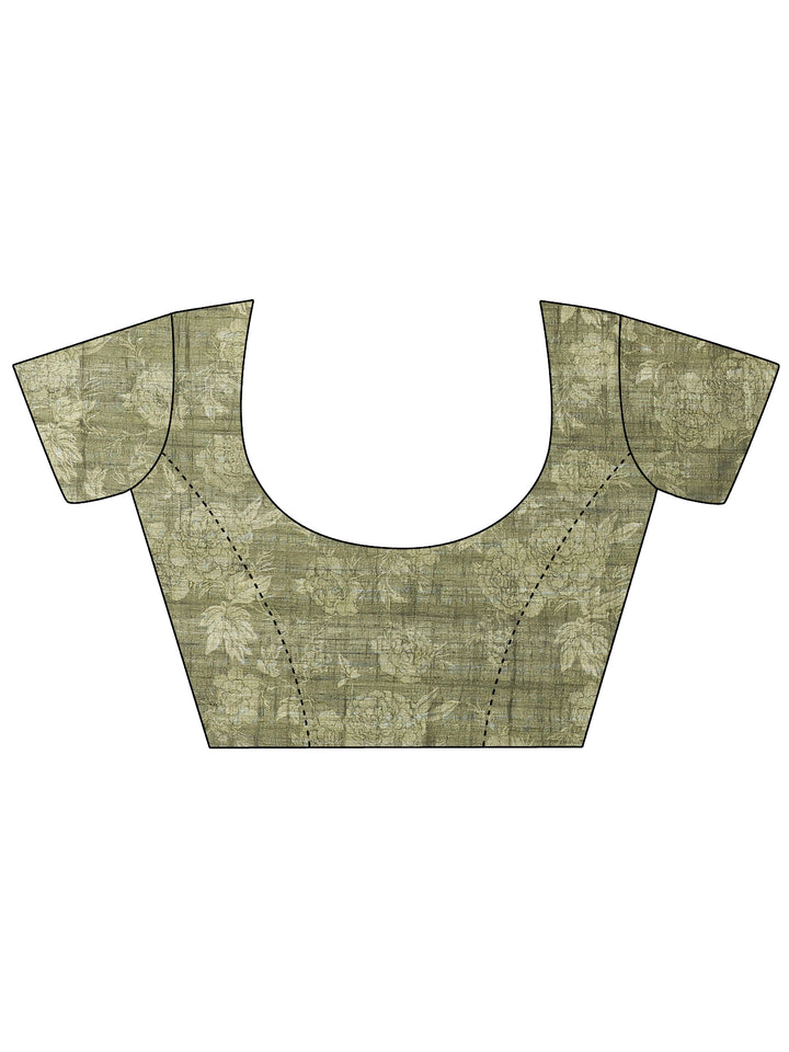 Beige Printed Silk Blend Saree With Unstitched Blouse Piece