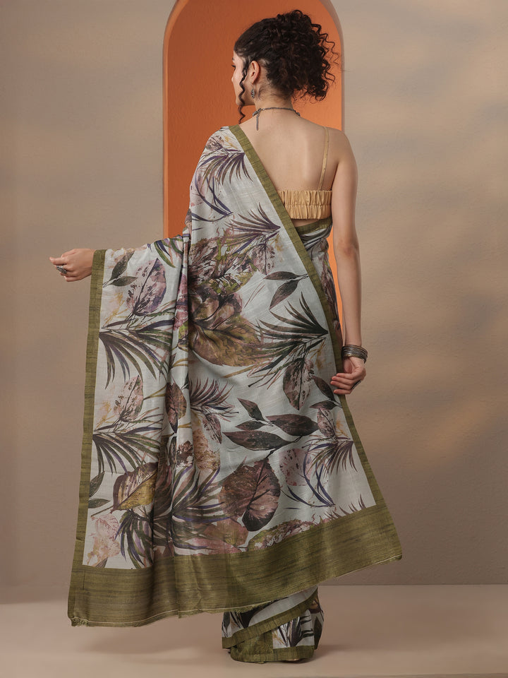 Green Printed Silk Blend Saree With Unstitched Blouse Piece