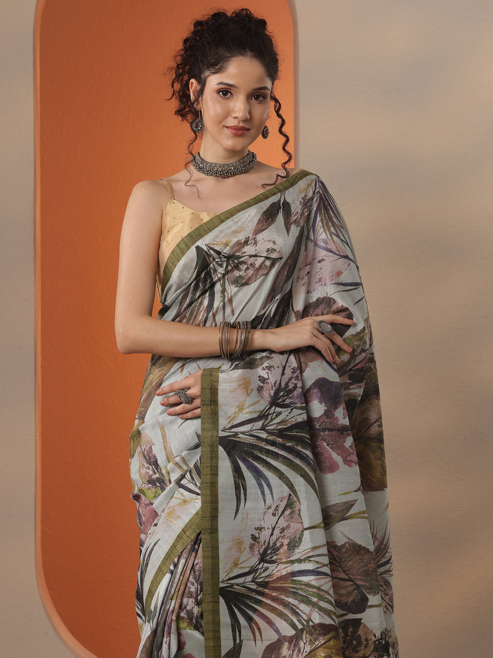 Green Printed Silk Blend Saree With Unstitched Blouse Piece
