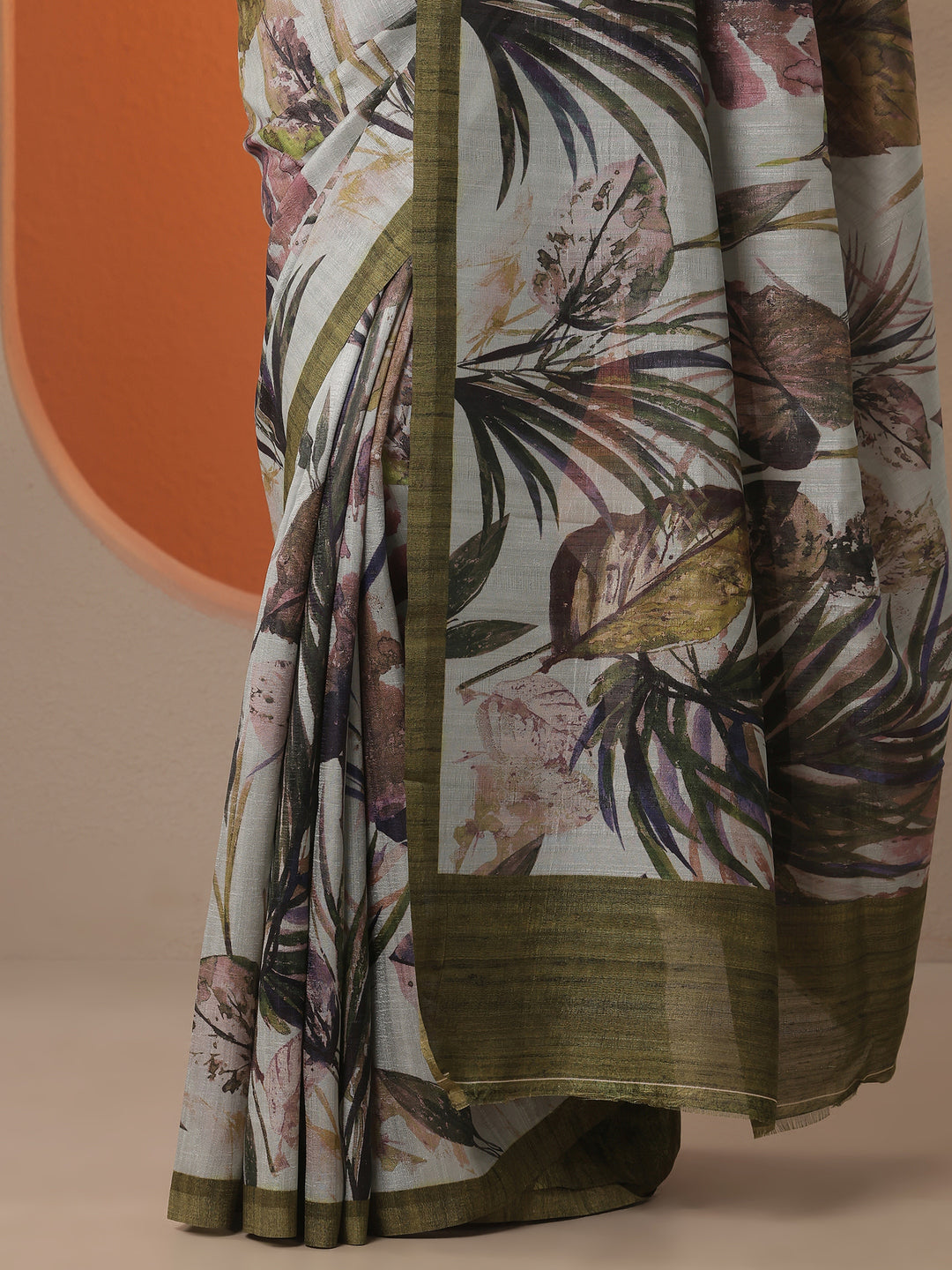 Green Printed Silk Blend Saree With Unstitched Blouse Piece