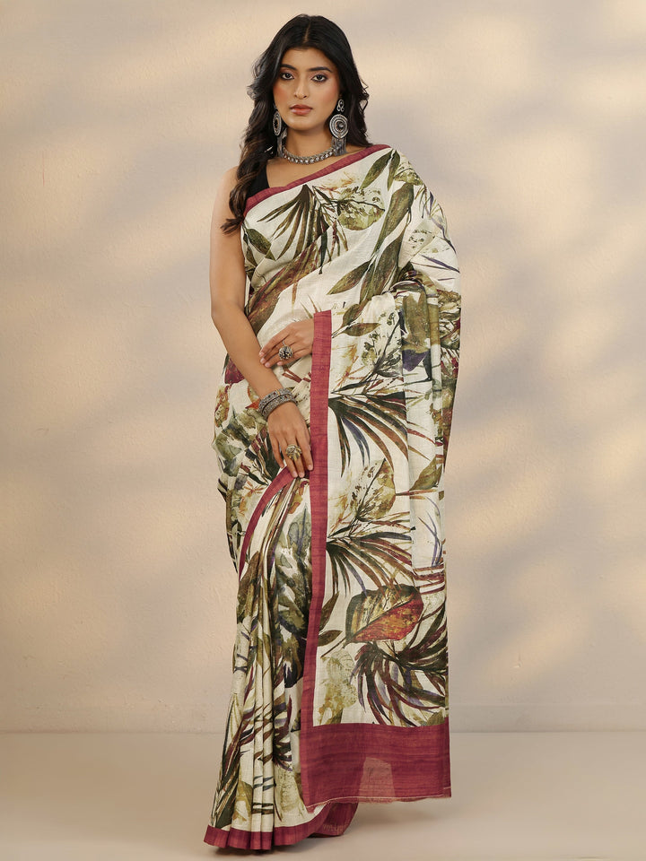 Beige Printed Silk Blend Saree With Unstitched Blouse Piece