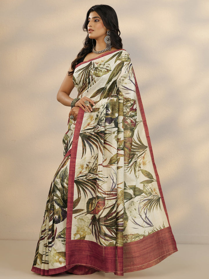 Beige Printed Silk Blend Saree With Unstitched Blouse Piece