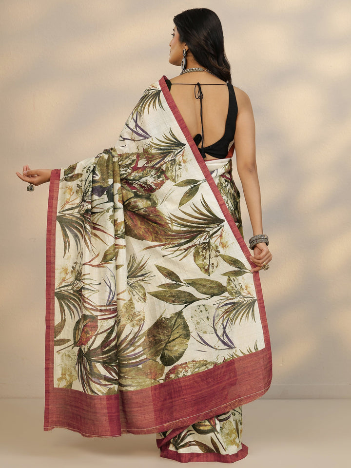 Beige Printed Silk Blend Saree With Unstitched Blouse Piece
