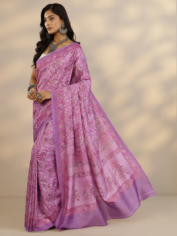 Pink Printed Silk Blend Saree With Unstitched Blouse Piece