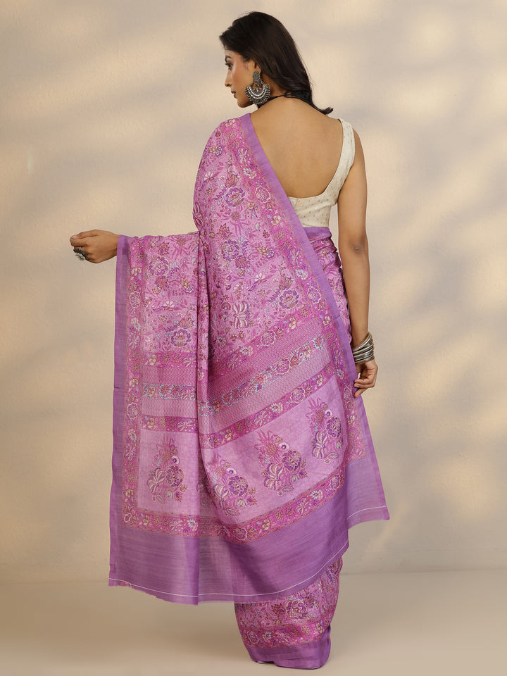 Pink Printed Silk Blend Saree With Unstitched Blouse Piece
