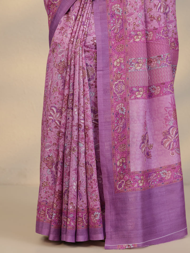 Pink Printed Silk Blend Saree With Unstitched Blouse Piece