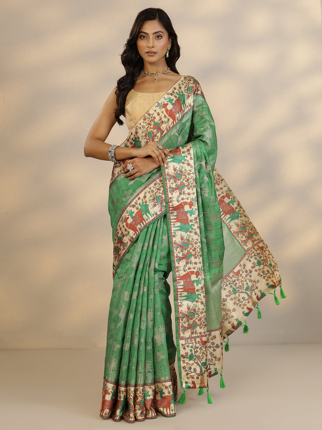 Green Woven Design Silk Blend Saree With Unstitched Blouse Piece