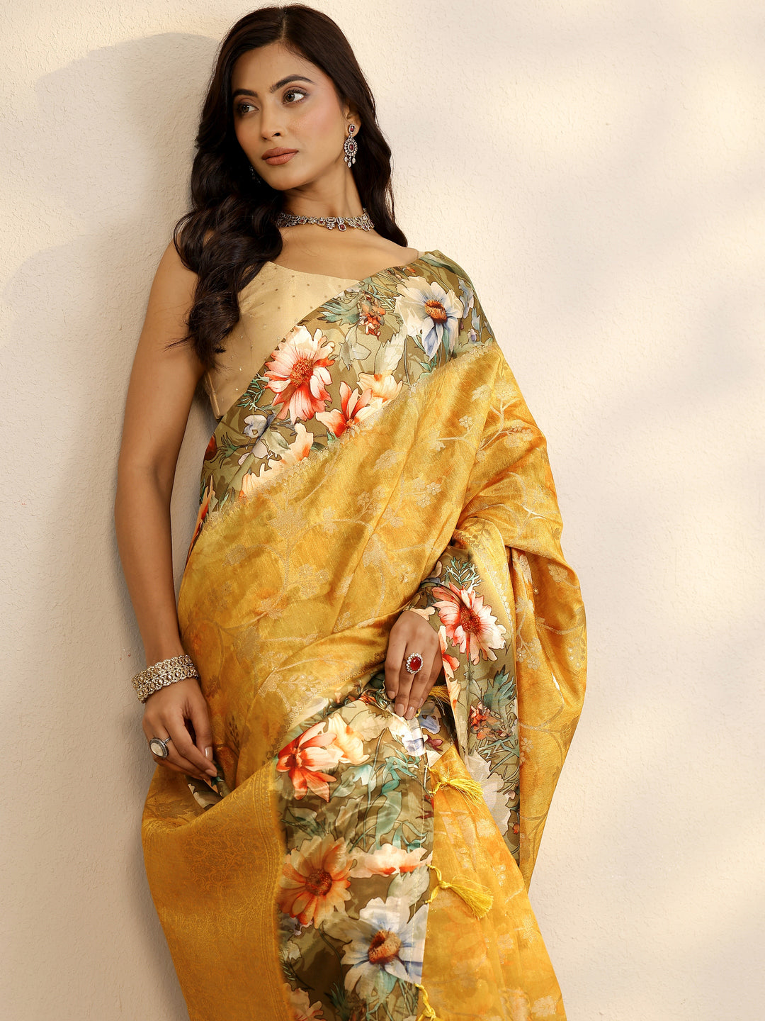 Mustard Woven Design Silk Blend Saree With Unstitched Blouse Piece