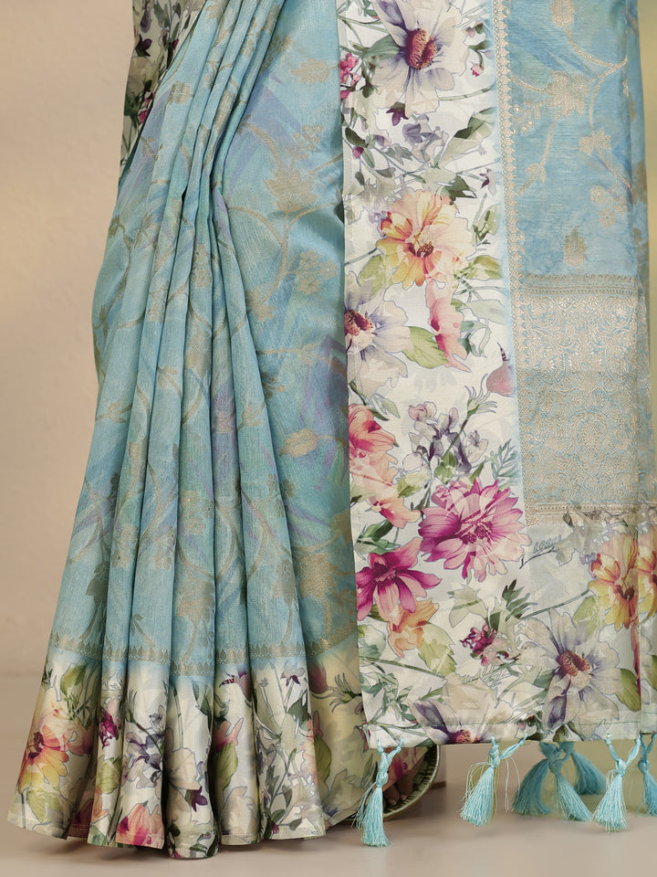 Blue Woven Design Silk Blend Saree With Unstitched Blouse Piece