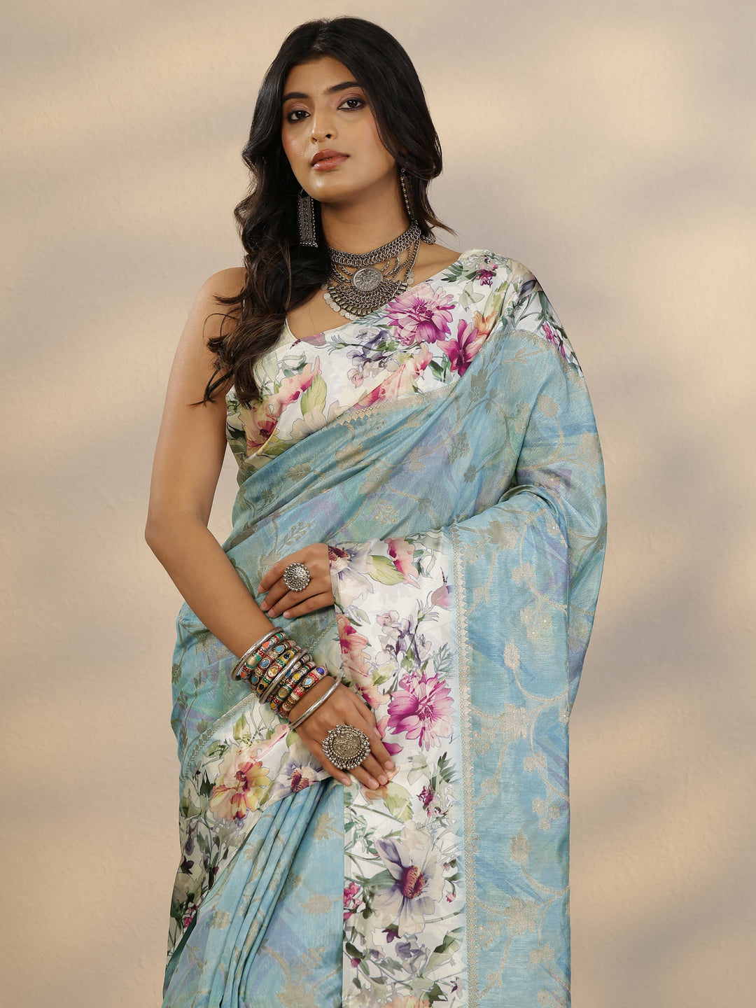 Blue Woven Design Silk Blend Saree With Unstitched Blouse Piece
