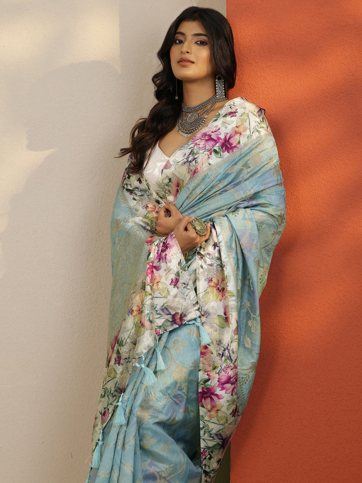 Blue Woven Design Silk Blend Saree With Unstitched Blouse Piece