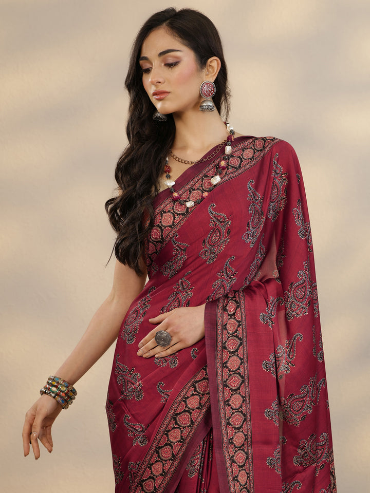 Red Printed Satin Saree With Unstitched Blouse Piece