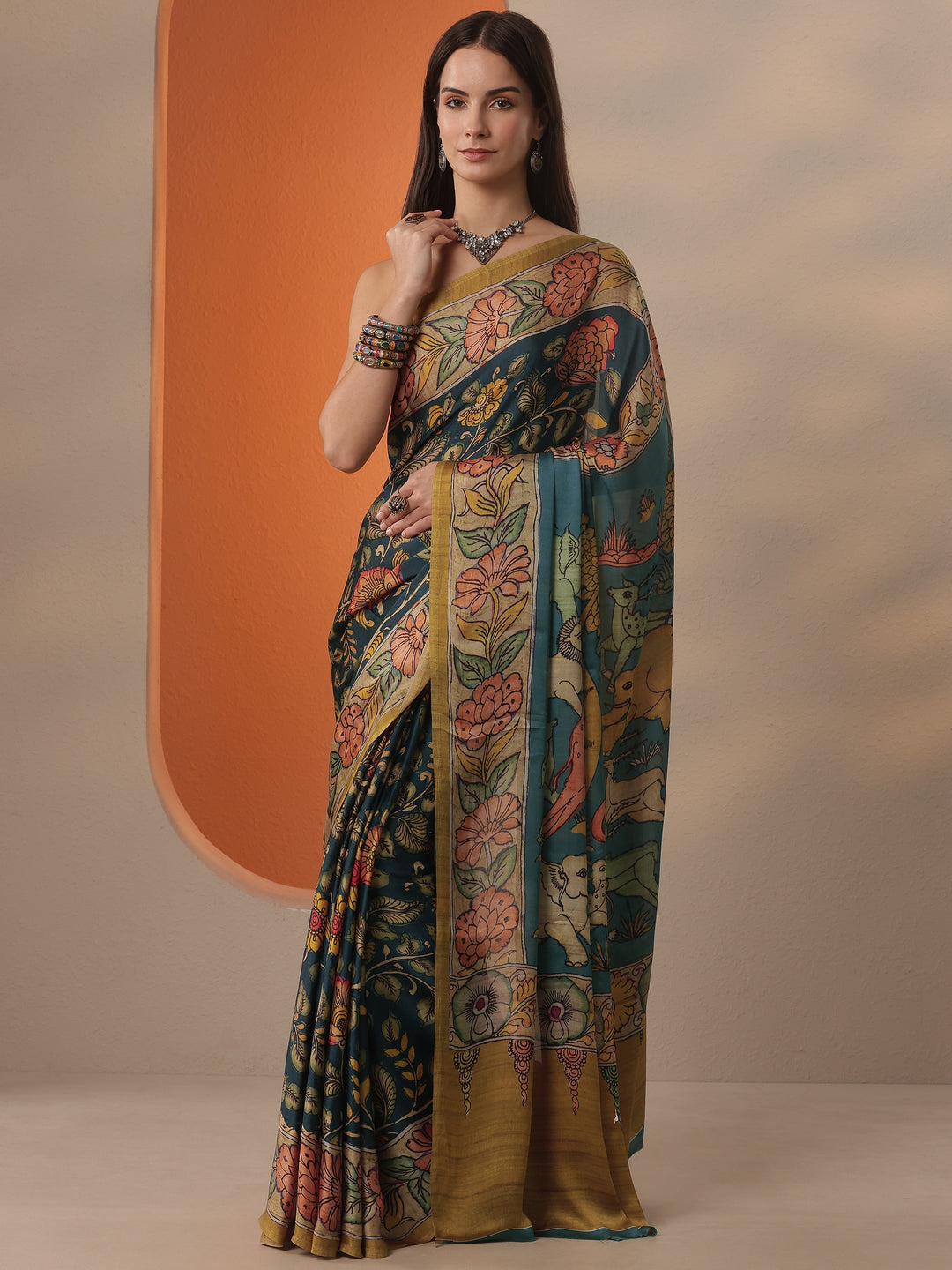 Green Printed Satin Saree With Unstitched Blouse Piece